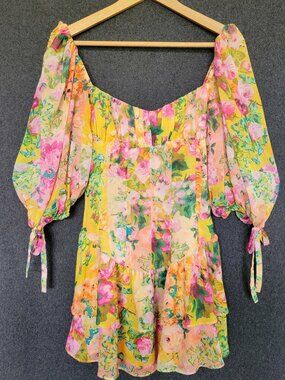 For Love & Lemons Nina Floral Summer Mini Dress Puffy Sleeves Ruffled Playful S